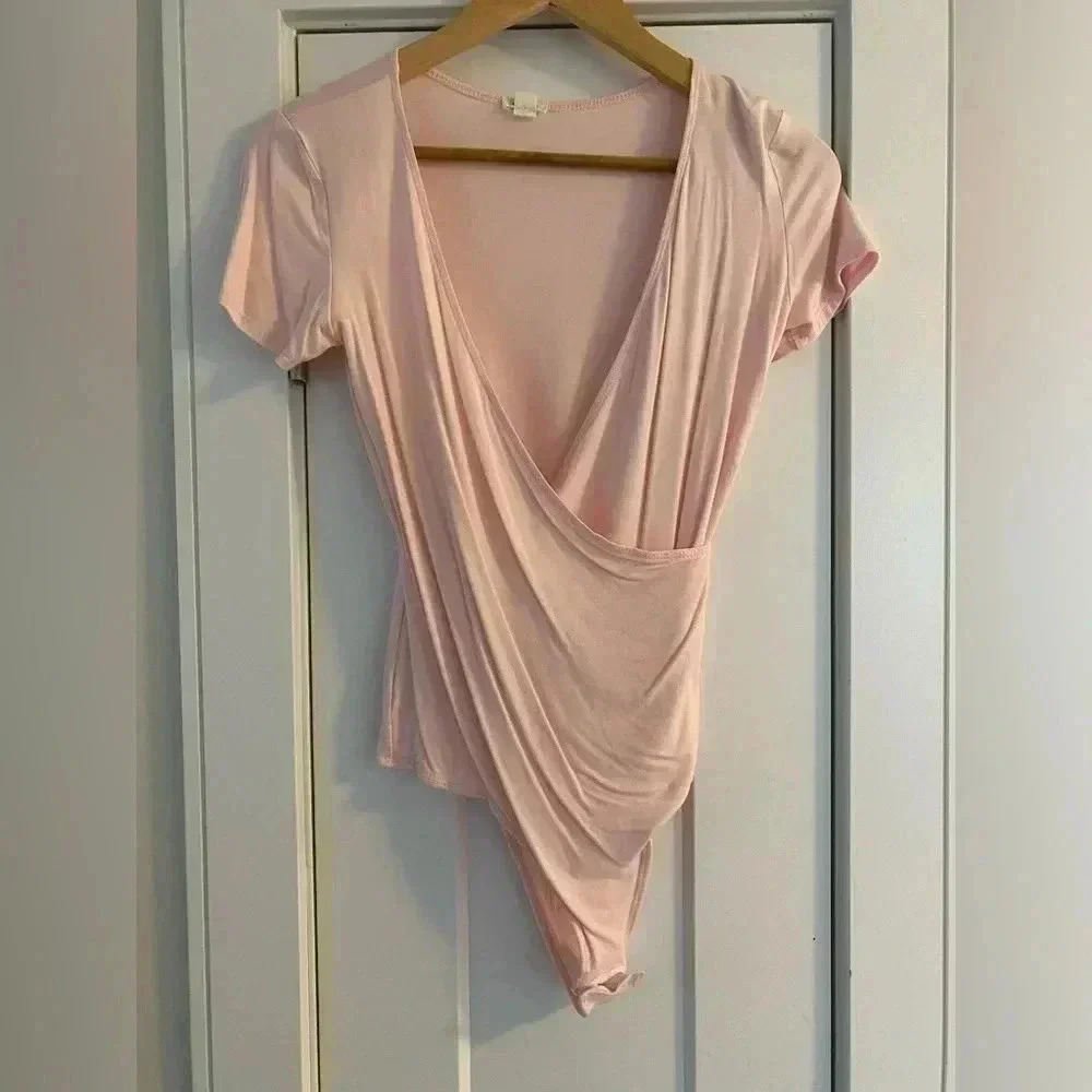 Garage Pink Wrap Front Short Sleeve Bodysuit Small